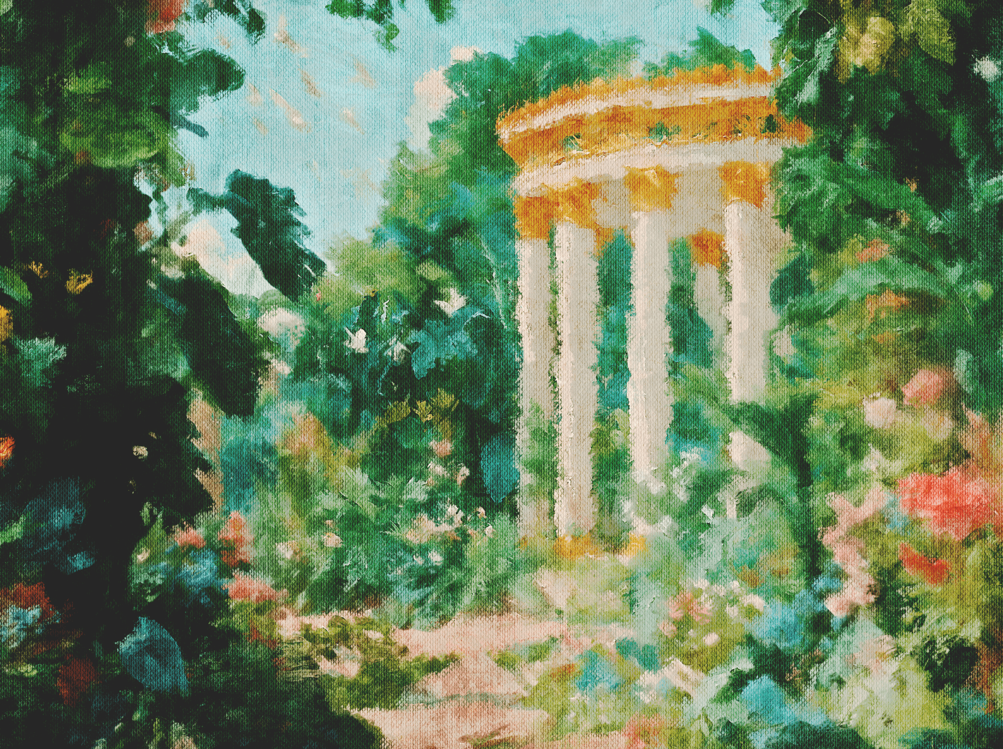 Impressionist oil painting of a classical garden temple